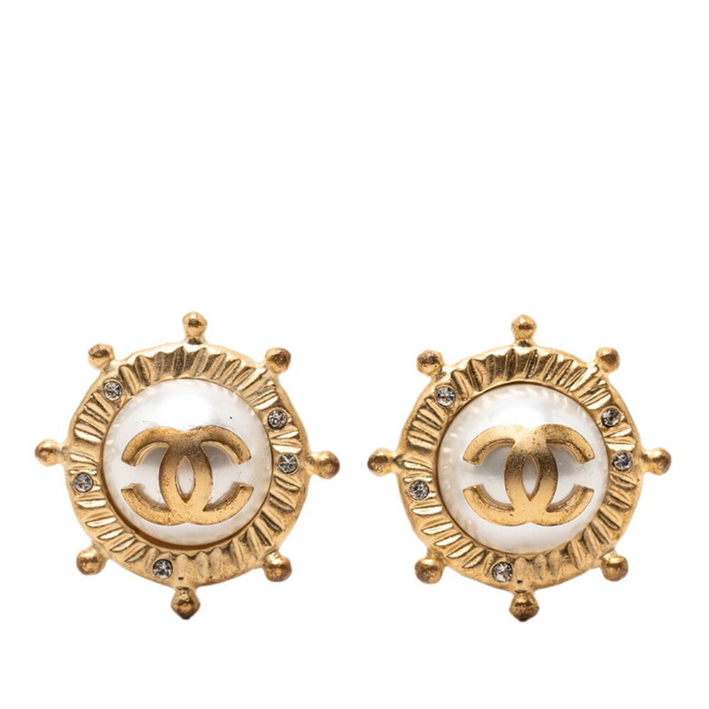 CHANEL Gold Pearl Logo Earrings